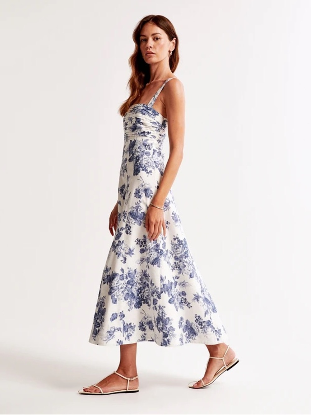Abercrombie & Fitch Emerson Linen-Blend Wide Strap Midi Dress Blue&White Toile L